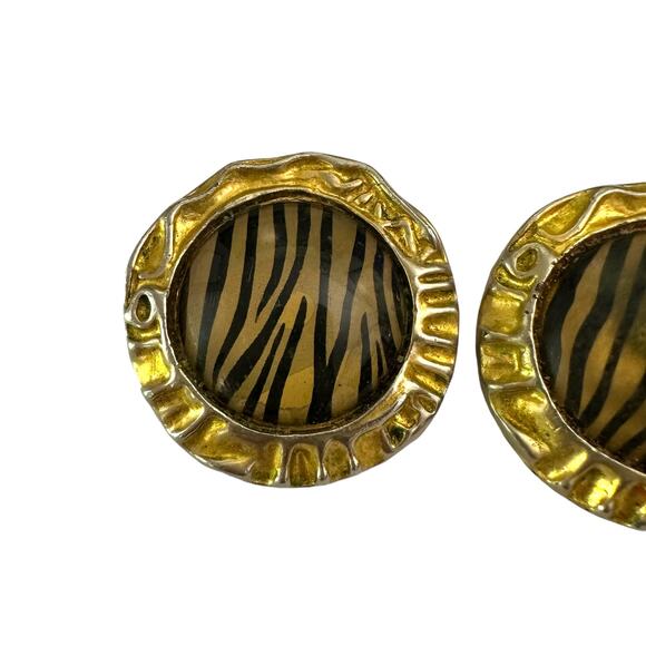 Vintage Animal Print Round Gold Tone 80s Clip-on Earrings - Picture 3 of 6
